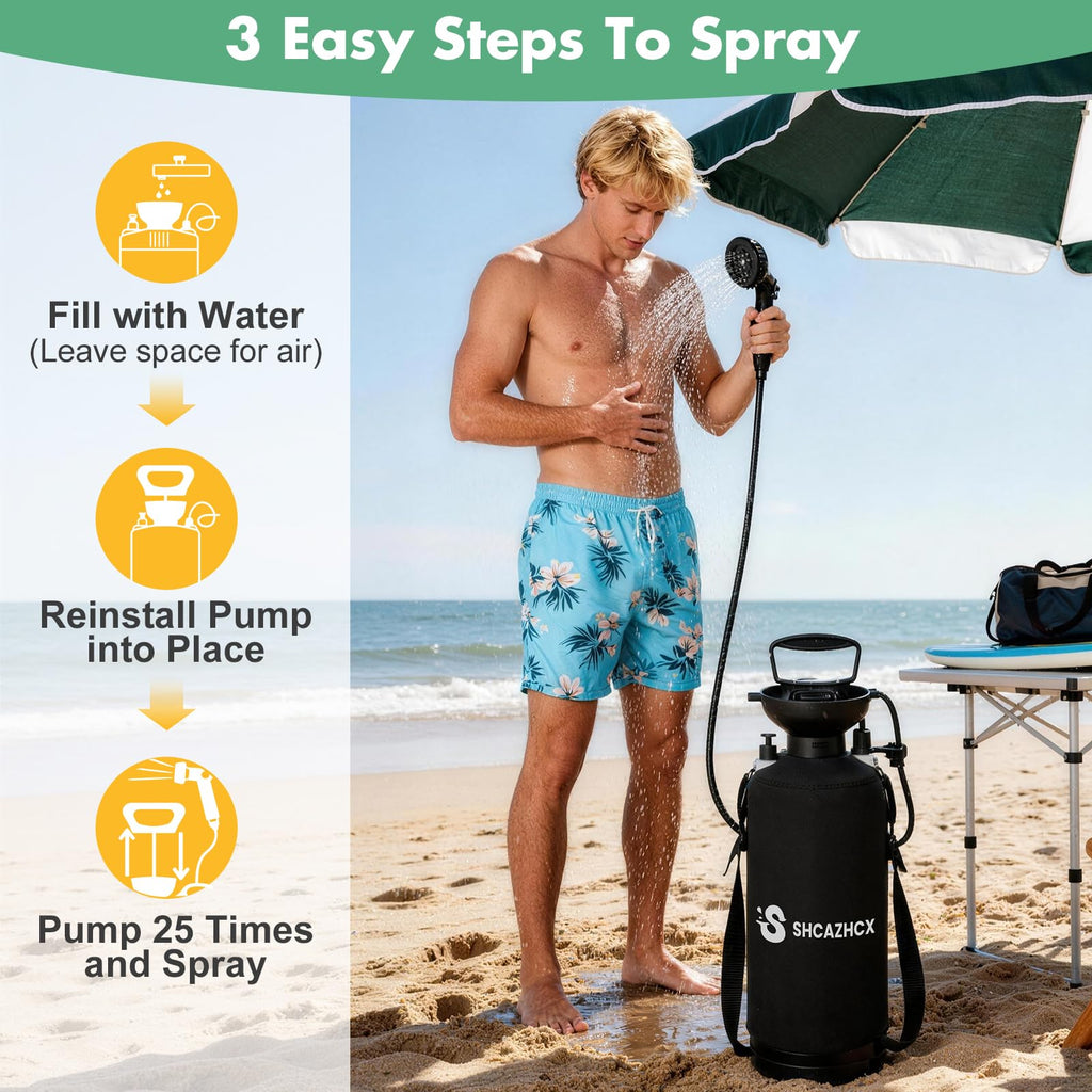 Shcazhcx 2.1 Gallon/8L Portable Water Shower, No Power Needed, Nylon Insulated Sleeve, 10 Spray Modes, Pressurized Portable Shower Sprayer for Camping, Hiking, Beach, Surfing & Outdoor Use, Orange