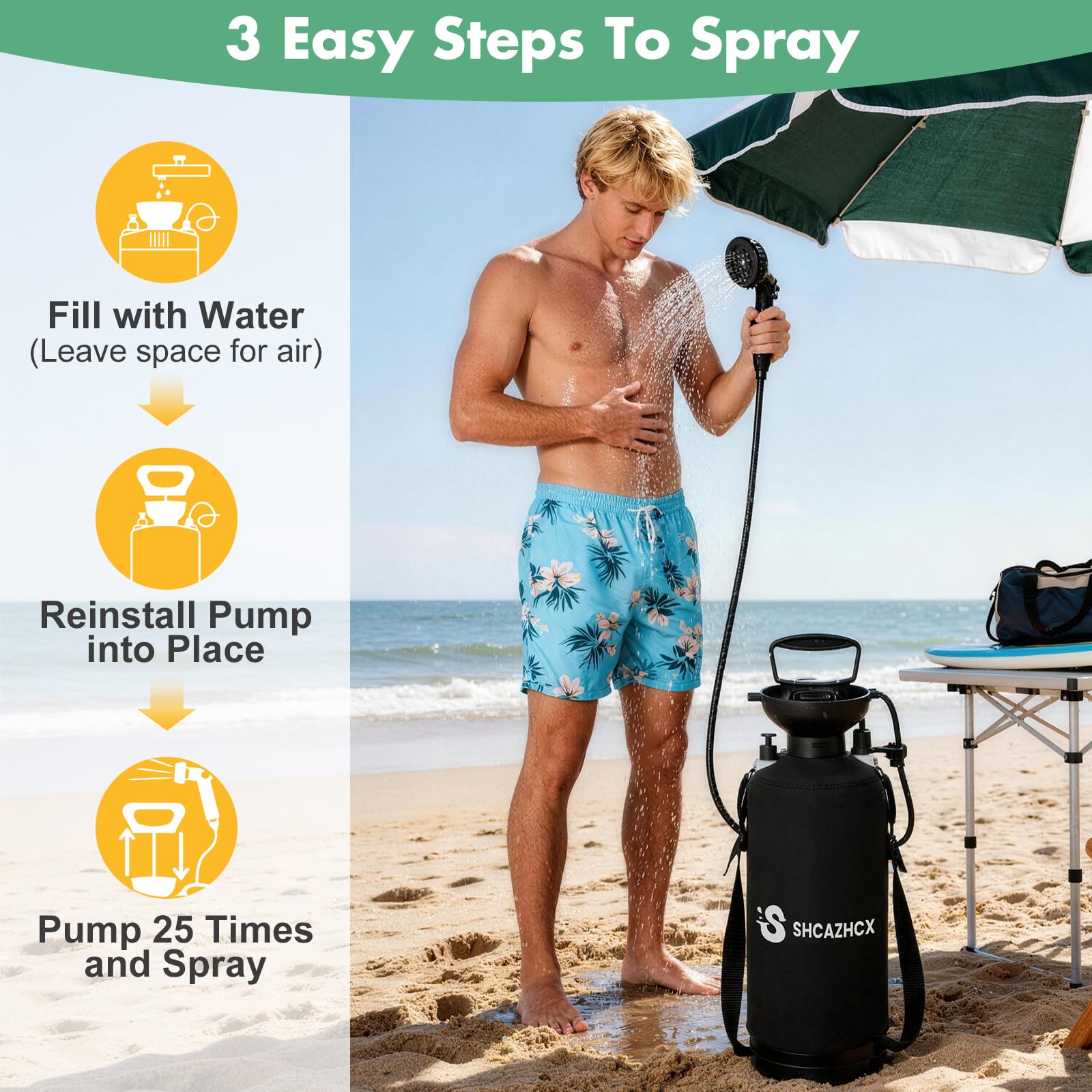 Shcazhcx 2.1 Gallon/8L Portable Water Shower, No Power Needed, Nylon Insulated Sleeve, 10 Spray Modes, Pressurized Portable Shower Sprayer for Camping, Hiking, Beach, Surfing & Outdoor Use, Orange