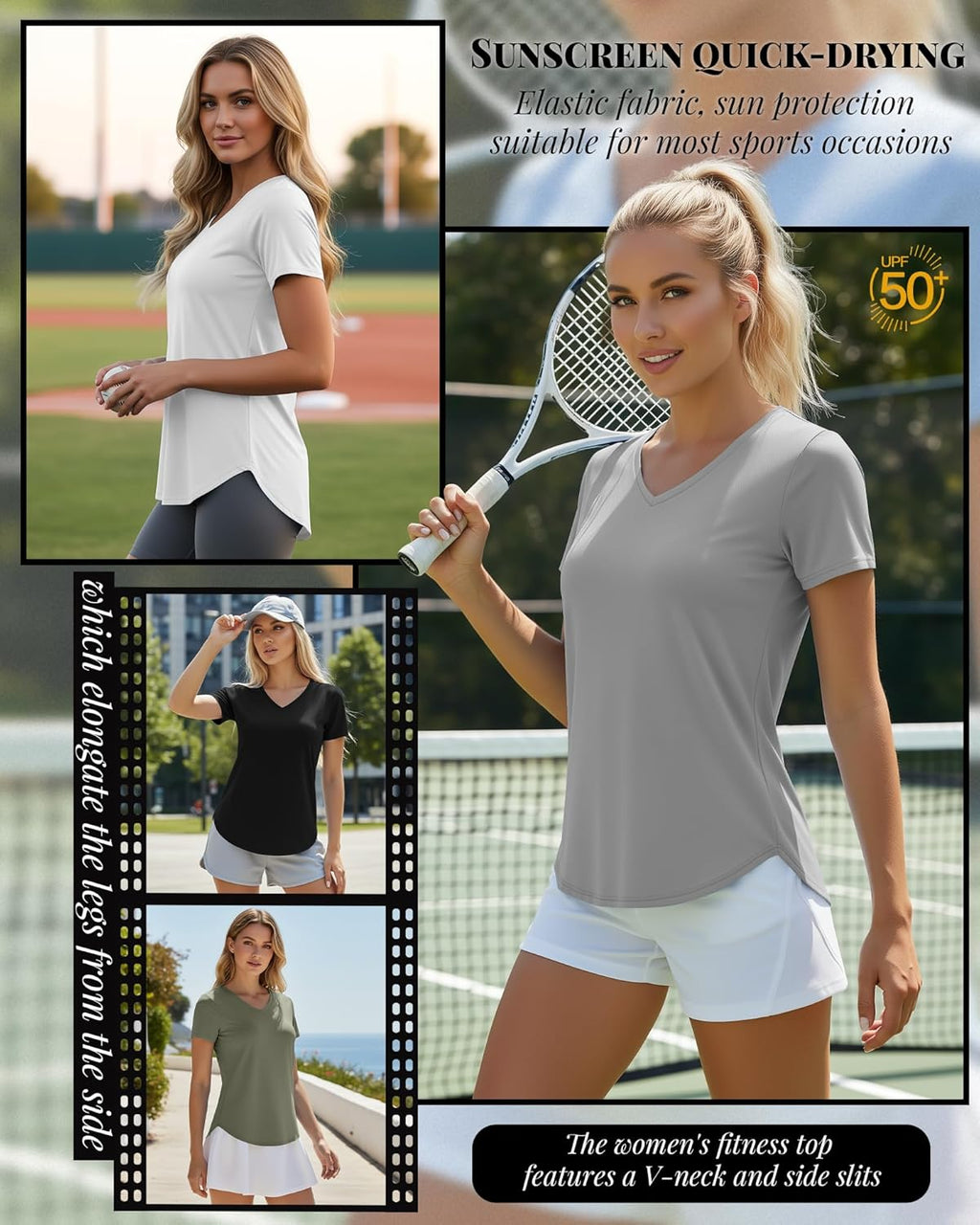 Oakgarden Women's Workout Tops - Quick Dry UPF 50+ V Neck Gym Shirts | Lightweight with Side Slits