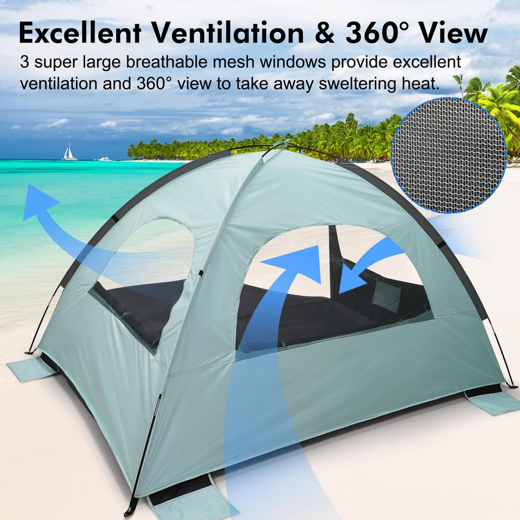 WhiteFang Beach Tent Anti-UV Portable Sun Shade Shelter for 4 Person with Blackout Shelter, Extendable Floor with 3 Ventilating Mesh Windows Plus Carrying Bag, Stakes and Guy Lines (Mint Green)