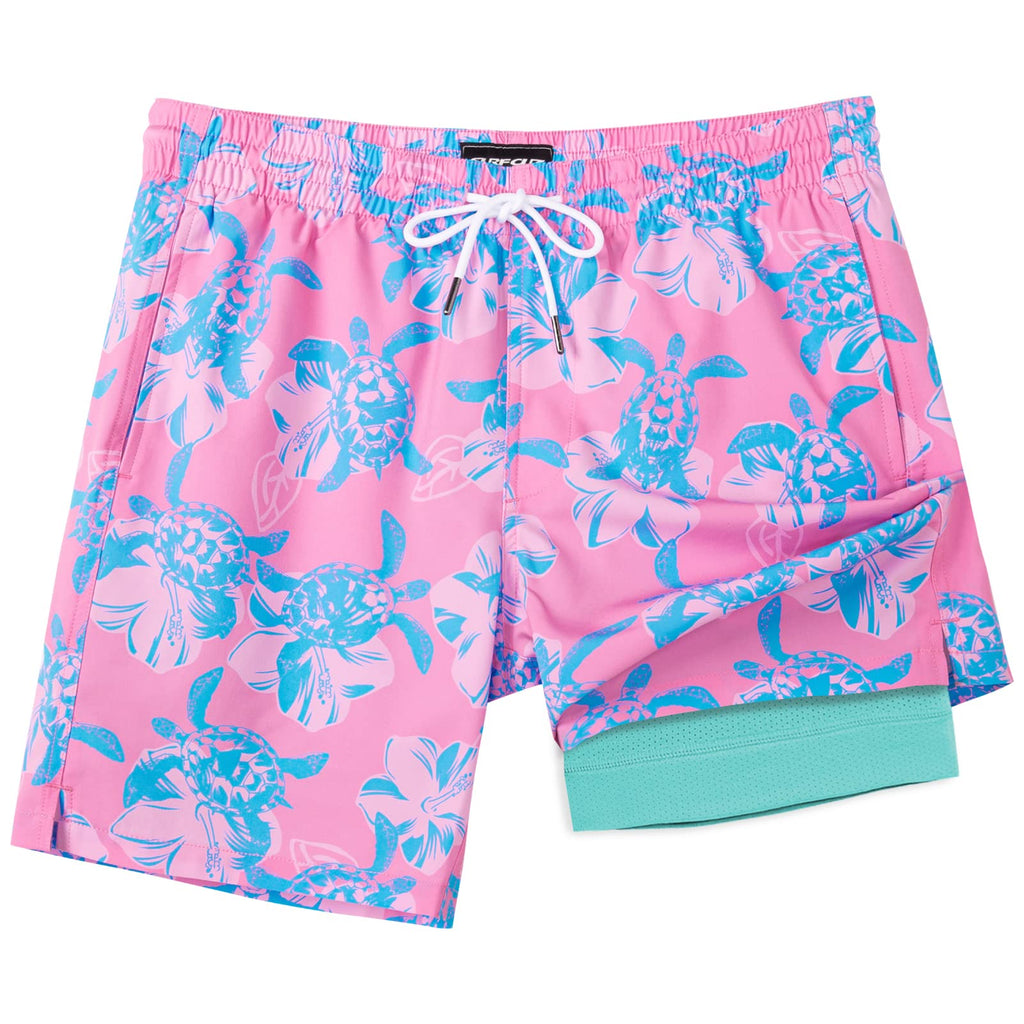 SURF CUZ Mens Swim Trunks with Compression Liner Quick Dry Swim Shorts 7" Swimming Trunks Stretch Zipper Pockets Pink Blue Turtles Large