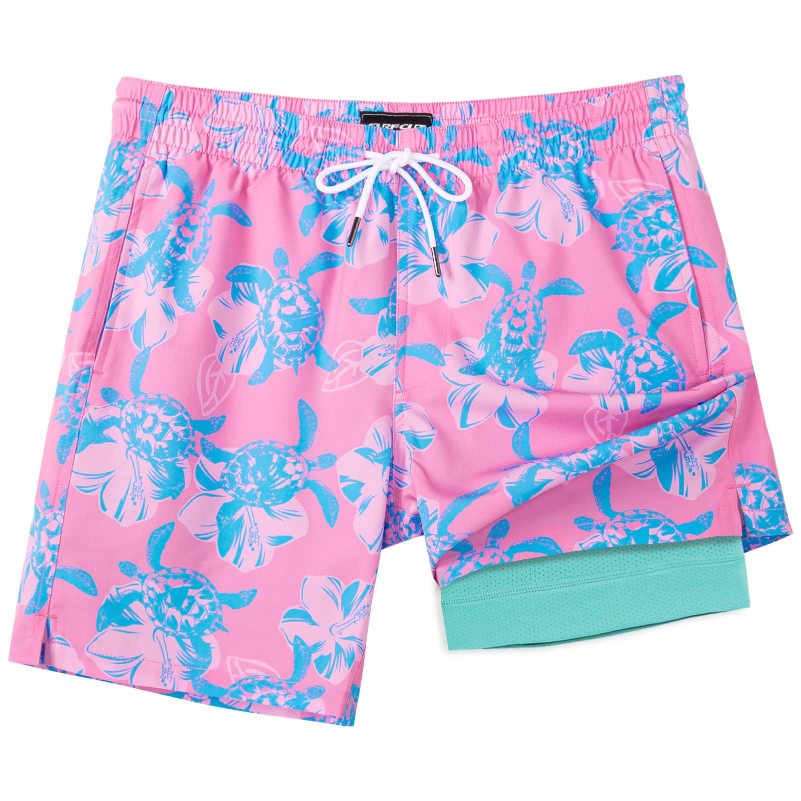 SURF CUZ Mens Swim Trunks with Compression Liner Quick Dry Swim Shorts 7" Swimming Trunks Stretch Zipper Pockets Pink Blue Turtles Large