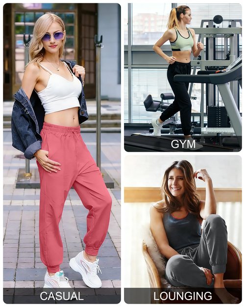Rolimaka 4 Pack Women's Jogger with Pockets Lightweight Sweatpants Quick Dry Yoga Lounge Pants for Travel Workout Gym Running Set A Black Gray Pink S
