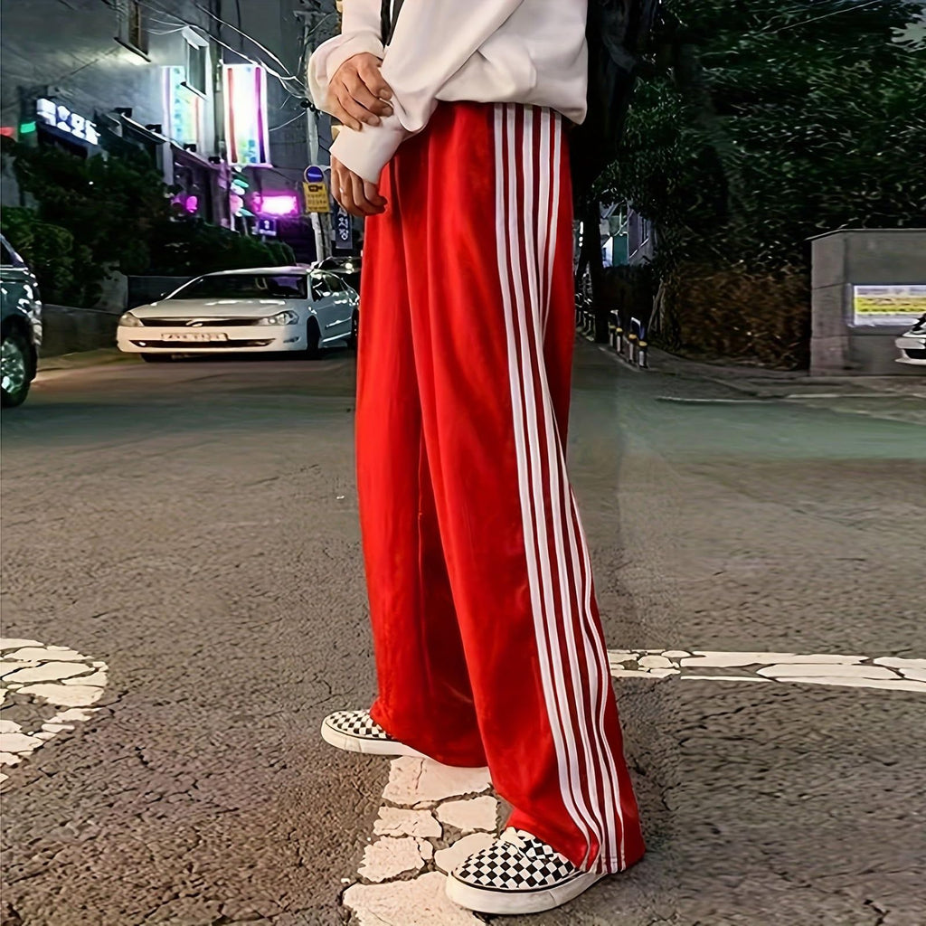Women Side Striped Track Pants Y2k Drawstring Waist Wide Leg Cargo Sweatpants Casual Loose Jogger Lounge Pants(Basic Red,Large)