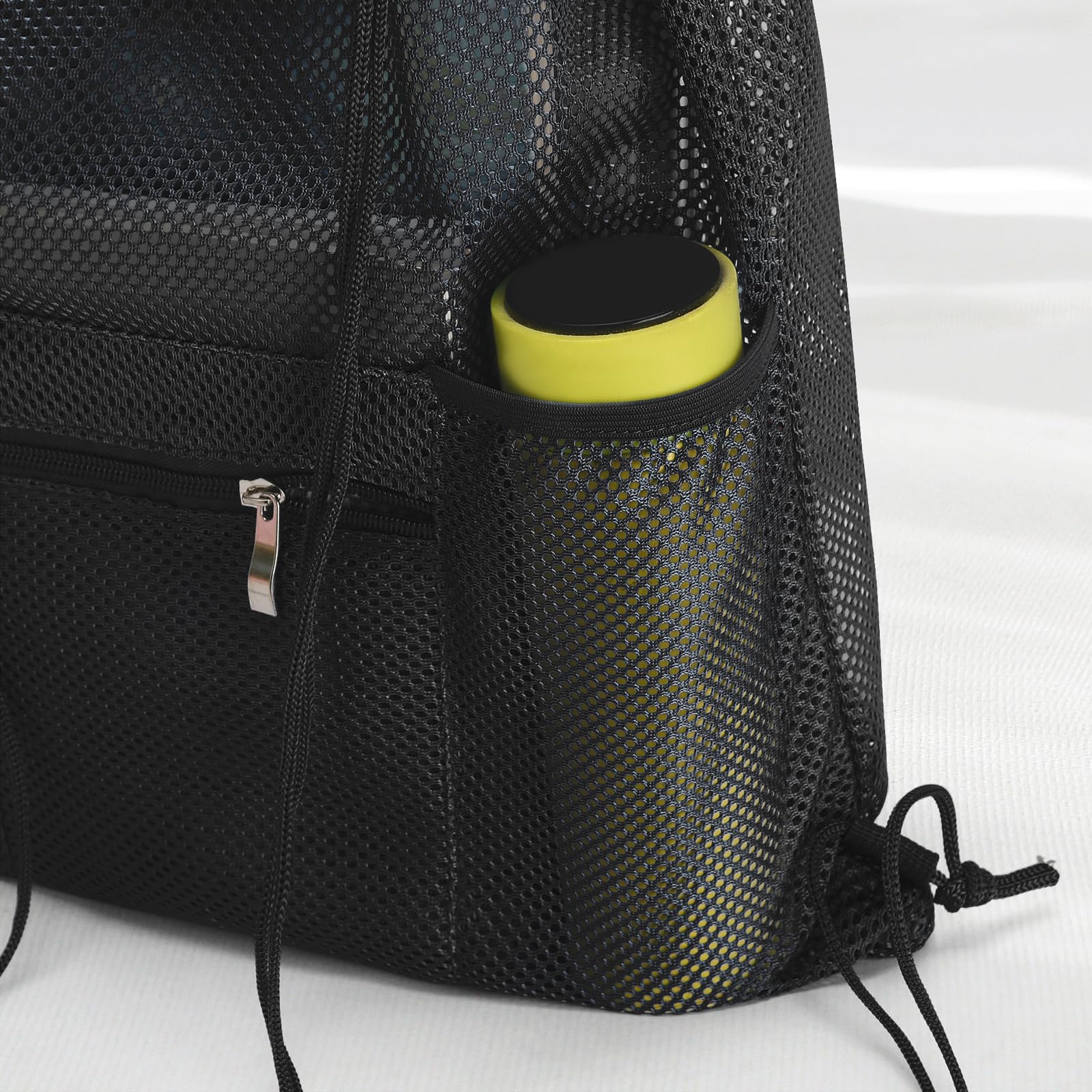 NATURAL STYLE Mesh Drawstring Backpack Bag, Gym Sports Bag with Zipper Pocket Bottle Holder, String Beach Bag for Swiming Travel (Black)