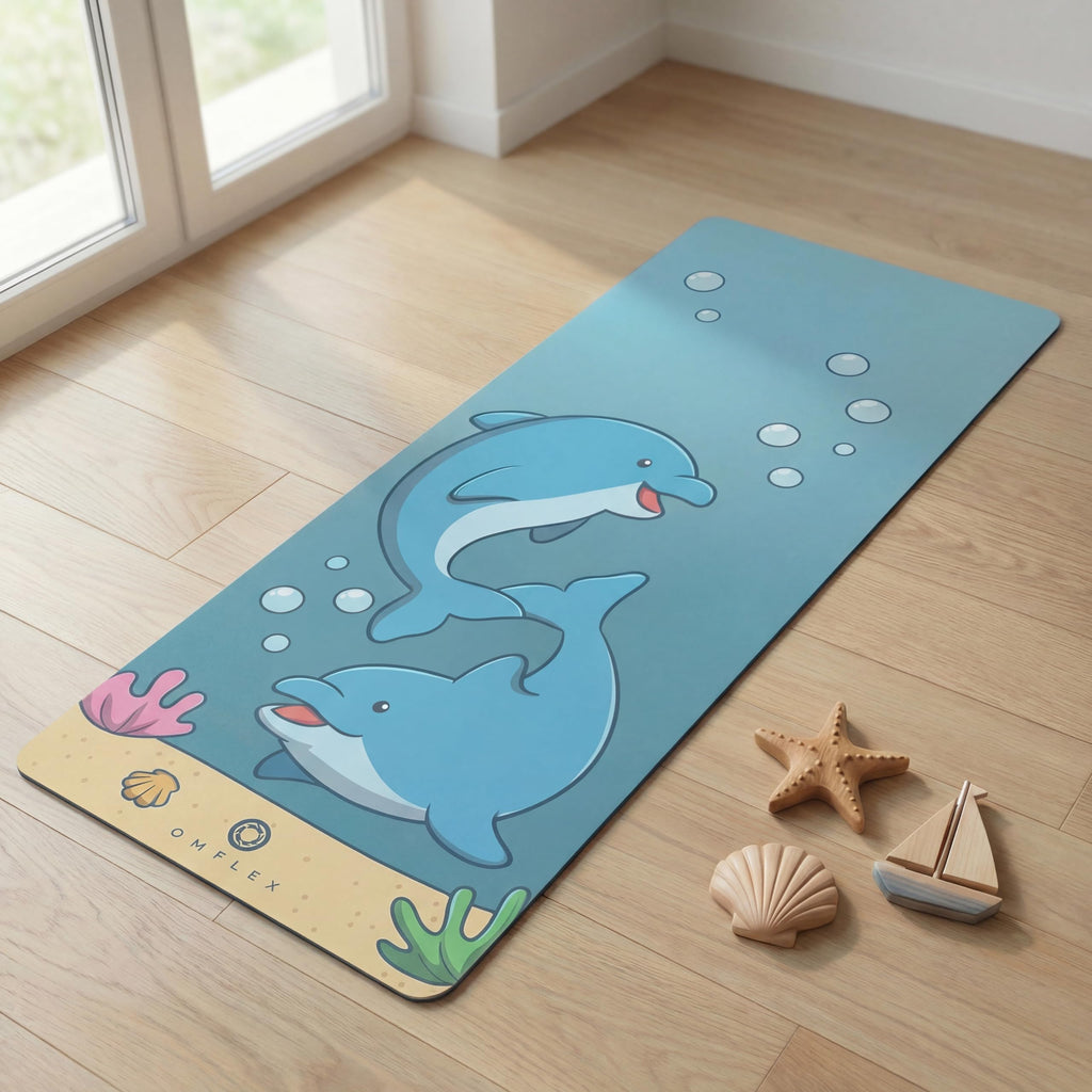 Omflex Kids Yoga Mat with Carrying Strap – 60"x24" Non-Slip Premium Exercise Mat for Kids, 3mm Thick Non-Toxic, PVC-Free Play Mat for Children, Dolphin, Car & Supergirl Designs (Dolphin)