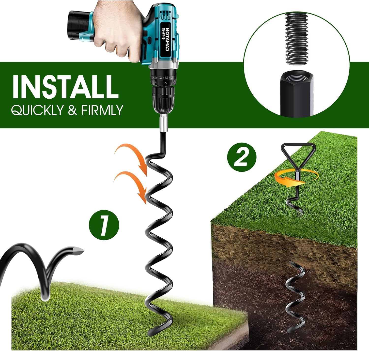 Skiennix Trampoline Ground Anchors - Heavy Duty Screw-In Stakes with Strong Straps | Black, 6-Pack