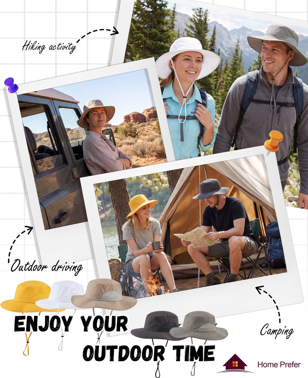 Home Prefer UPF50+ Mens Sun Hat Wide Brim Fishing Hat Airy Mesh UV Protection Portable Bucket Sun Hat White