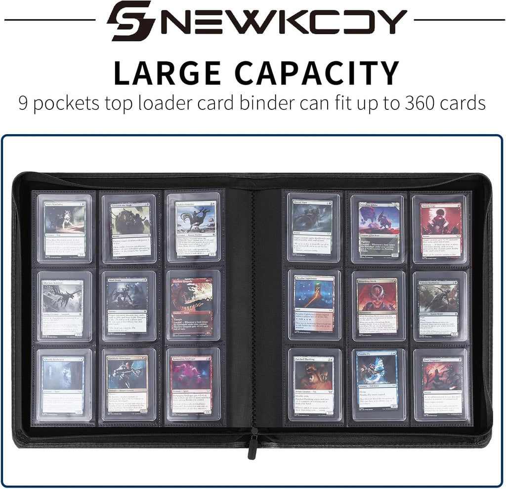 Snekdy Top Loader Binder - 9 Pocket Card Holder with Sleeves for 360 Cards | Black PU Leather