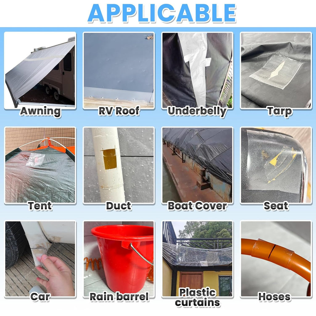 Tikfoam Waterproof Repair Tape for Fabric, Awning, RV Roof, Underbelly, Tarp, Tent, Sail and Boat Cover Outdoor Repair Patch, Heavy Duty, Clear, 5 Inch x 10FT