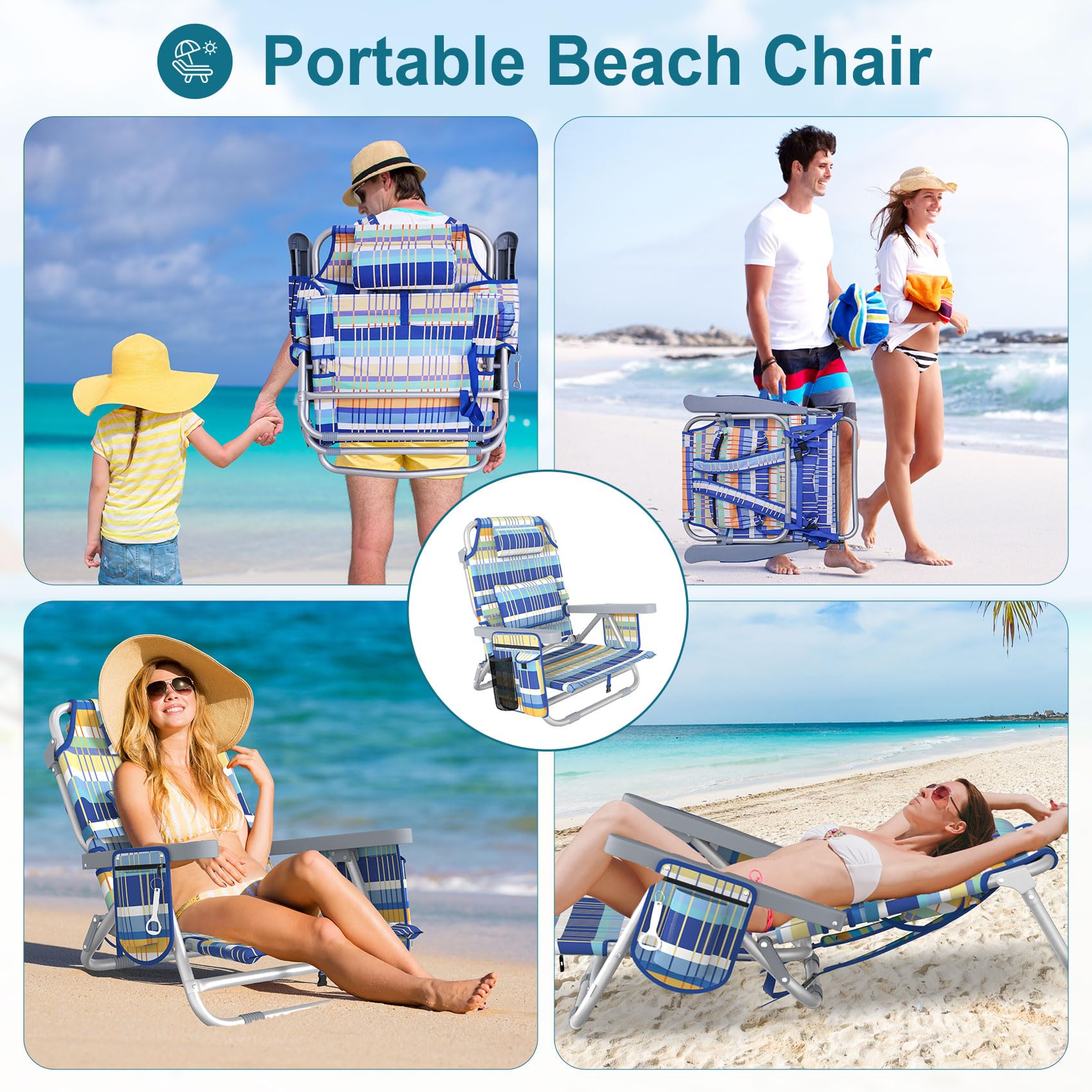 Suteck Beach Chair, Adjustable 5-Position Backpack Beach Chairs for Adults Kids, Foldable Lay Flat Chair with Cooler Bag, Cup Holder and Lumbar Pillow, Reclining Lay Down Chairs for Lawn Outdoor
