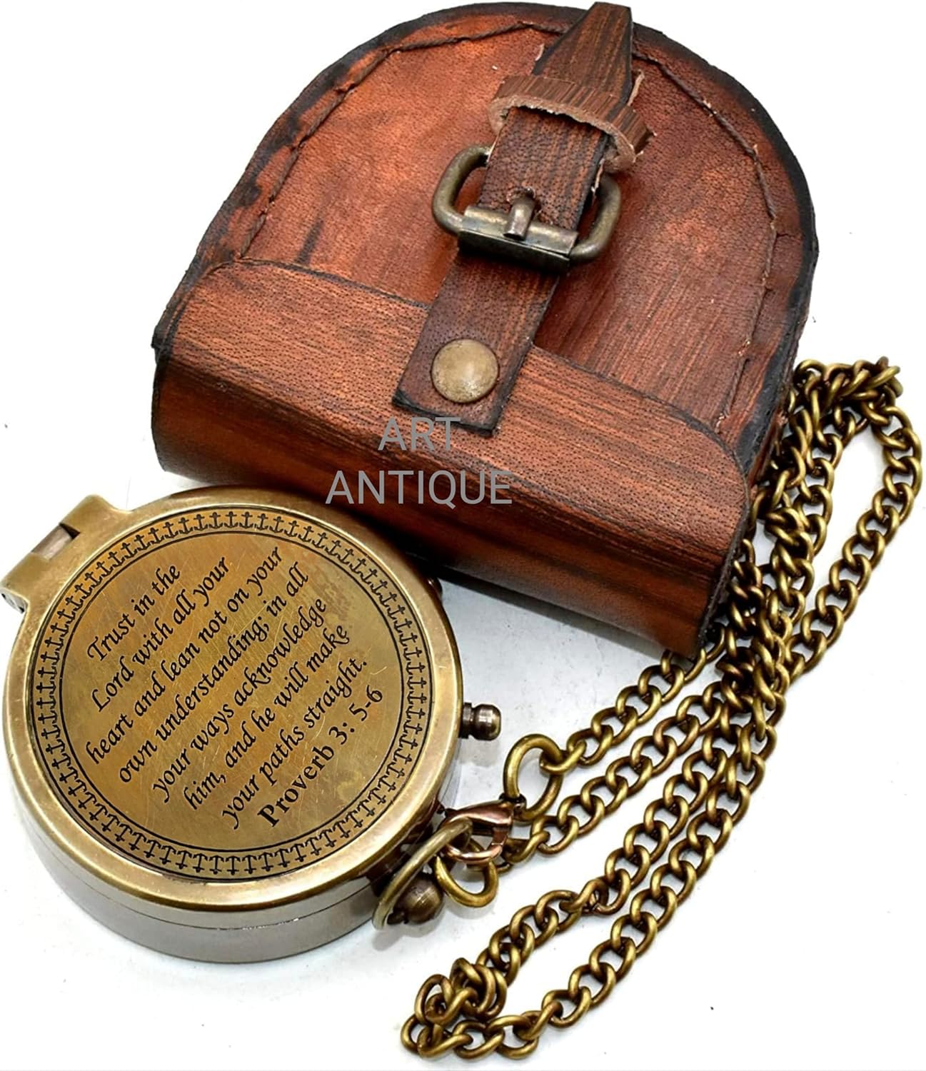 Trust In The Lord Brass Compass - Engraved Proverbs 3:5-6 Inspirational Pocket Compass with Leather Case | Perfect Christian Gift for Graduation or Birthday