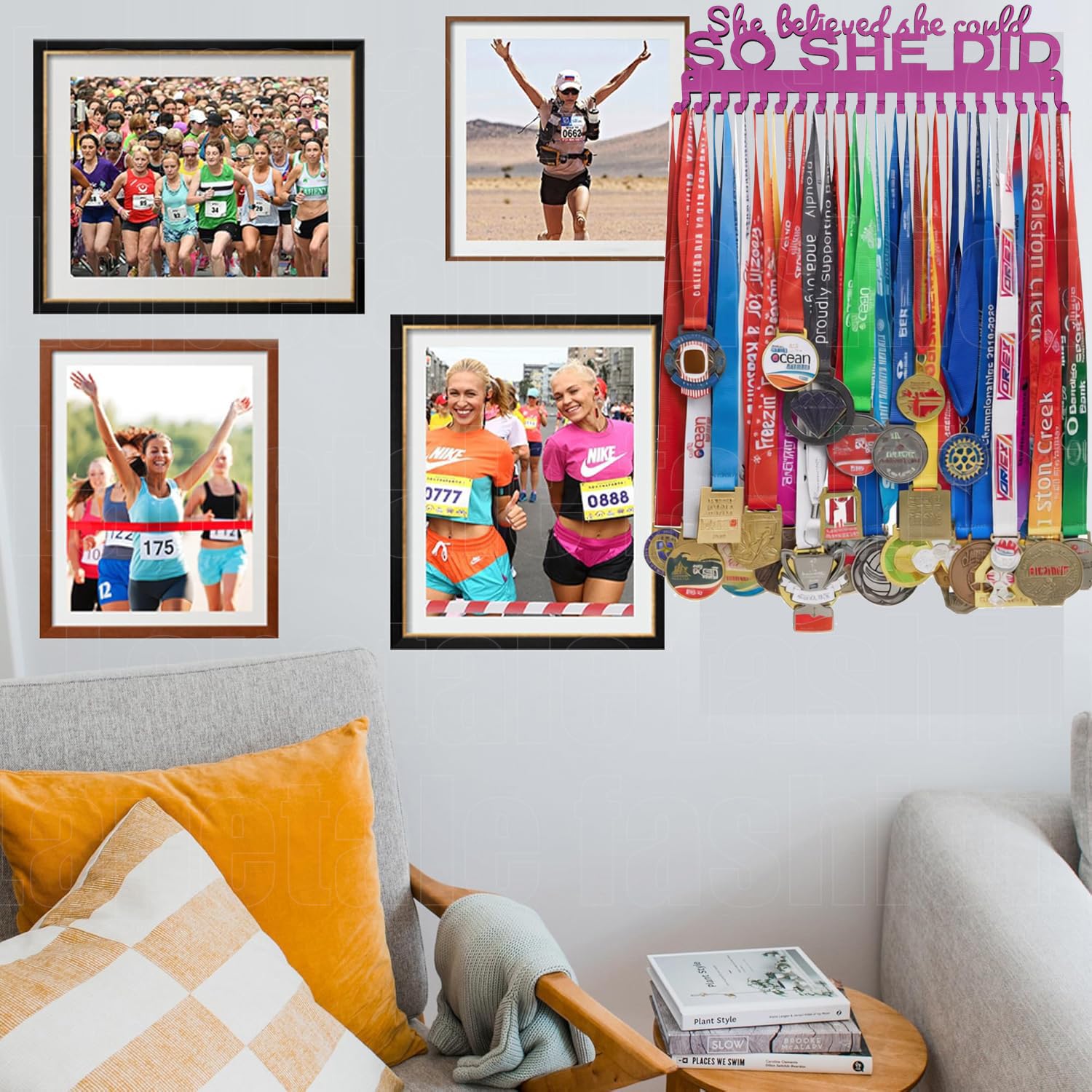 Lapetale Fashion She Believed She Could SO SHE DID Race Medal Hanger Display for 63 Medals-16 Wide with 20 Hooks-Purple Color Easy Use Awesome Gifts