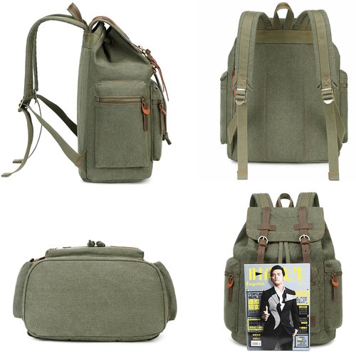 Bluboon Canvas Vintage Backpack Leather Casual Bookbag Men Rucksack (Green)