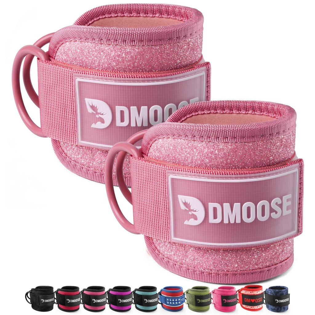 DMoose Fitness Ankle Straps for Cable Machines - One Size Fit with Premium Padding, Glute Kickback Ankle Strap for Women & Men, Cable Attachments for Gym, Booty Workouts (Glitter Pink - Pair)