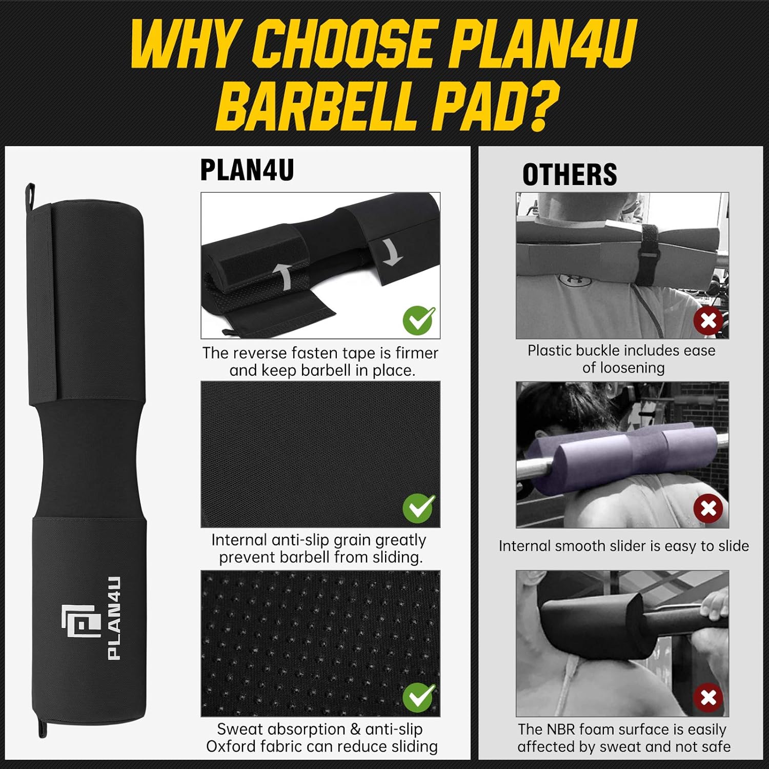 Plan4U Barbell Pad Set - Upgraded Foam Cushion for Squats & Hip Thrusts | Anti-Slip Support for Standard & Olympic Bars