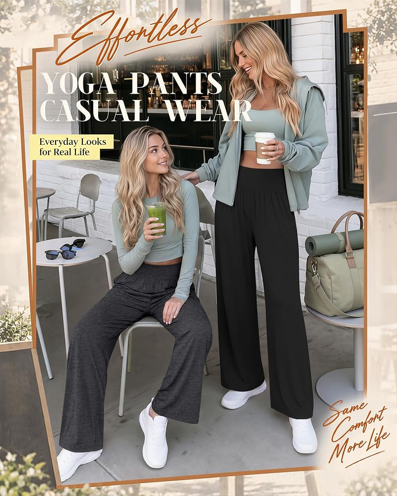 3 Pack Women’s Wide Leg Yoga Pants with Pockets - Black, Gray, Blue (Medium)