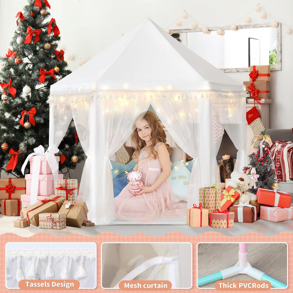 Monobeach White Princess Tent Girls Tassel Decor Large Playhouse Kids Castle Play Tent with Star Lights Toy for Children Indoor and Outdoor Games, 55'' x 53'' (White Princess Tent with Tassel)