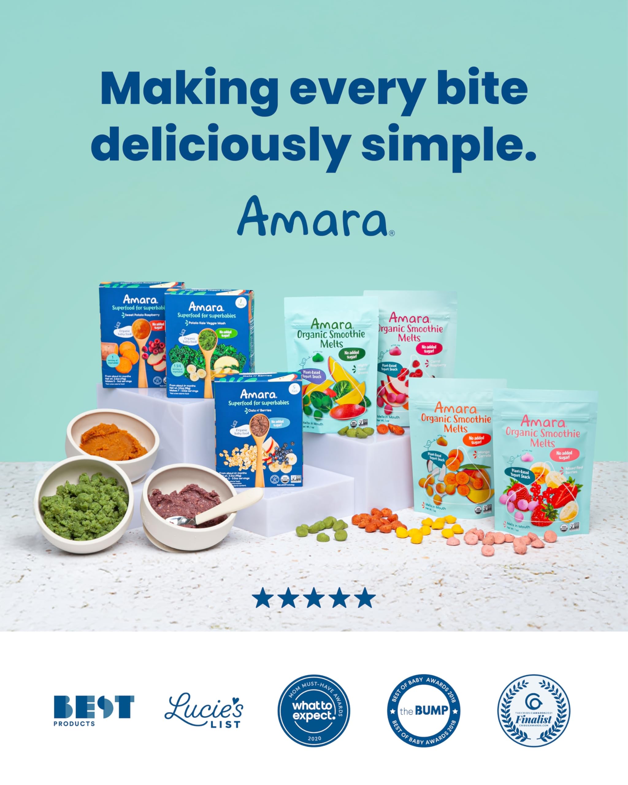 Amara Organic Fruit Bites Sweet Strawberry - No Added Sugar, Dairy-Free, Nut-Free Healthy Fruit Snacks, Made with Organic Whole Foods, Allergy-Friendly Healthy Fruit Snacks for Kids - 21g 6PK