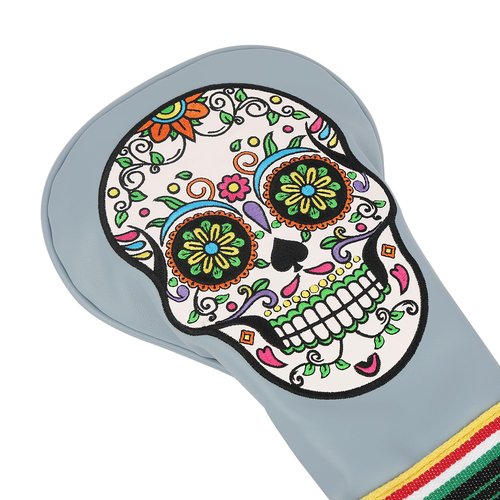 SHABIER Grey Golf Driver Headcover with Green Eyes Embroidery Sugar Skull Design for Golf Driver Club