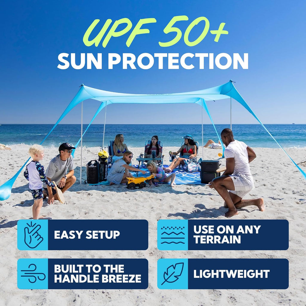 SUN NINJA Beach Tent Sun Shelter | UPF50+ Easy Pop-Up Canopy for Camping & Picnics - Includes Sand Shovel & Stability Poles