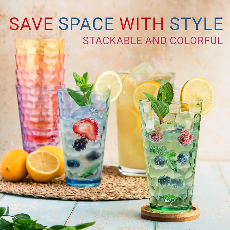 Hammered Multicolor 22 oz Plastic Tumblers Set of 12 - Stackable, Dishwasher Safe