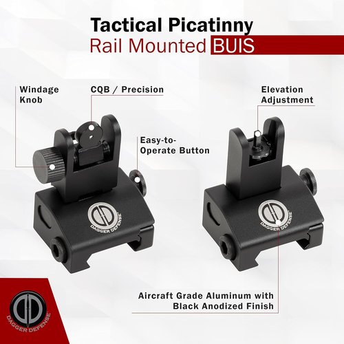 Dagger Defense BUIS Backup Iron Sights - Spring Loaded for Standard Picatinny Rails | Compatible with Red Dots & Scopes