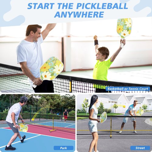 Fostoy Portable Pickleball Net with Wheels, Pickleball Set with 4 Fiberglass Paddles & 6 Pickleballs, Carry Bag, for Backyards Driveways and Garages (22ft & 11ft Net with 4 Fiberglass Paddles)