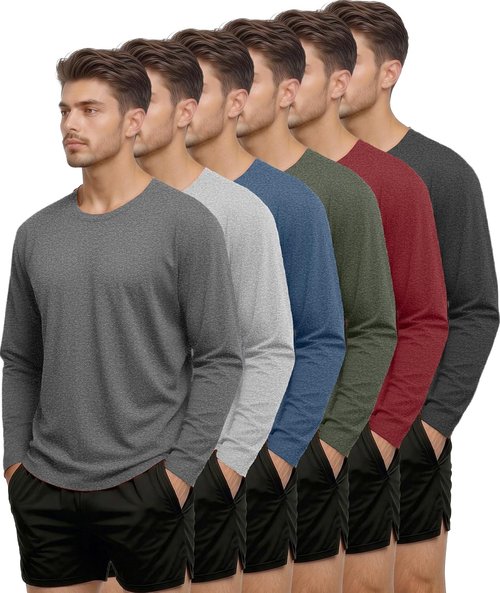 Kinglaman Long Sleeve Athletic Shirts for Men - Dry Fit UPF 50+ UV Sun Protection | 6 Pack