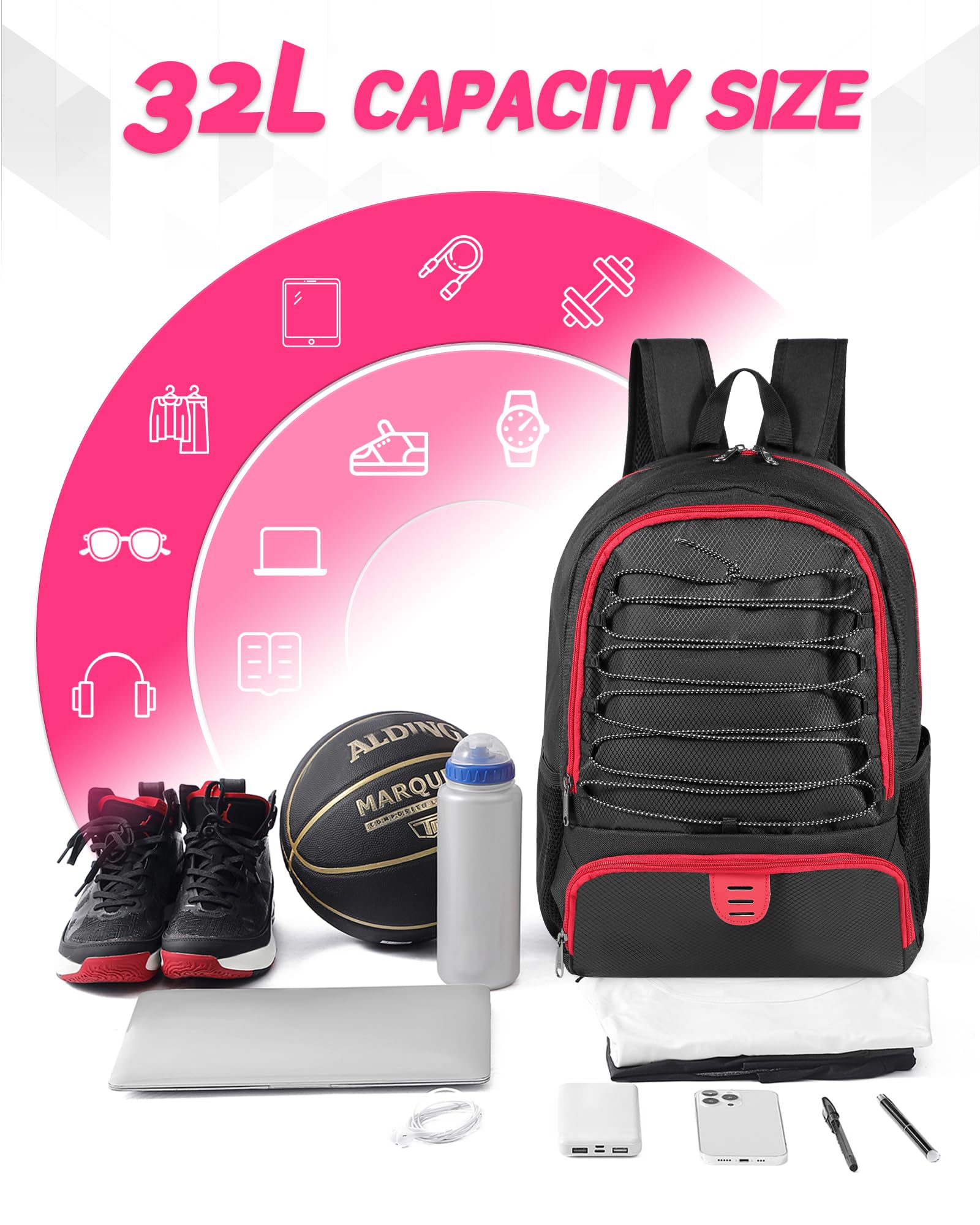 Soccer Ball Bag Backpack for Men Women with Ball & Shoes Compartment 32L Capacity Lightweight Breathable Boys Girls Basketball Bag Backpack Fit Volleyball Football Sports Travel School Gym Red Edge
