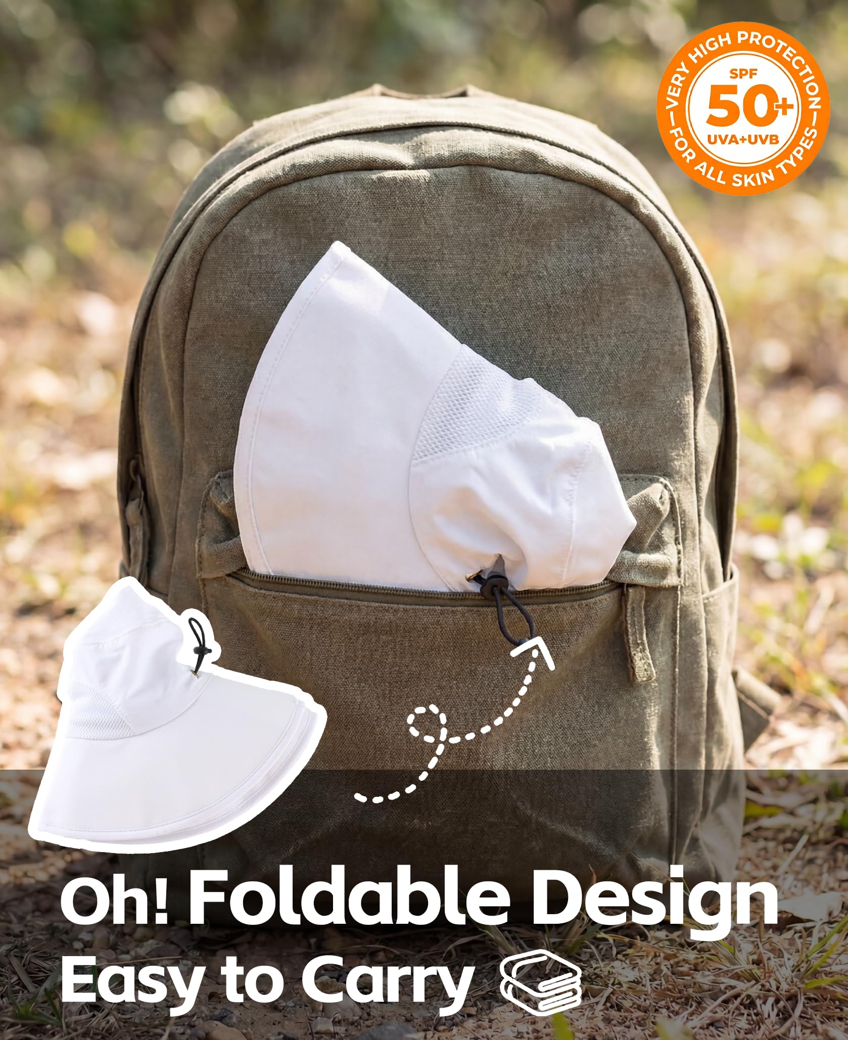 Home Prefer UPF50+ Mens Sun Hat Wide Brim Fishing Hat Airy Mesh UV Protection Portable Bucket Sun Hat White