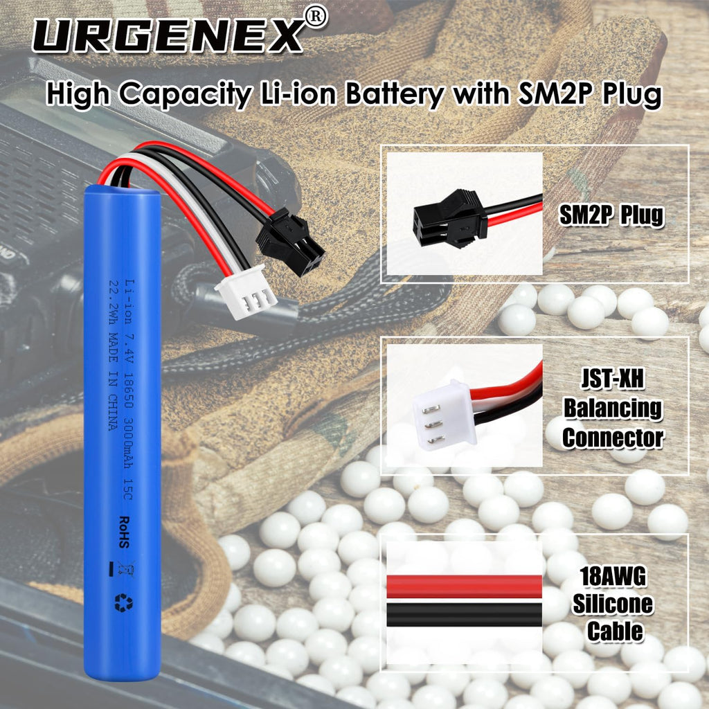 URGENEX Airsoft Battery Pack - 7.4V 3000mAh High Capacity with SM2P & Mini Tamiya Plugs | Fits SRB1200, MP5K, M4