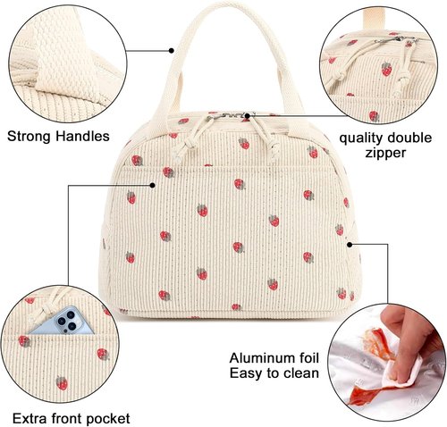 Bluboon Insulated Lunch Bag - Cute Corduroy Tote for Work, Picnic, or Travel | Large Capacity Reusable Cooler