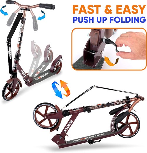 Hurtle Renegade Kick Scooter - 2-Wheel Folding Design with Adjustable T-Bar Handlebar & Anti-Slip Deck