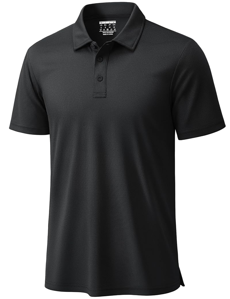 TACVASEN Men’s Polo Shirt Short Sleeve Dry Fit Golf Collar 3-Button Black XL