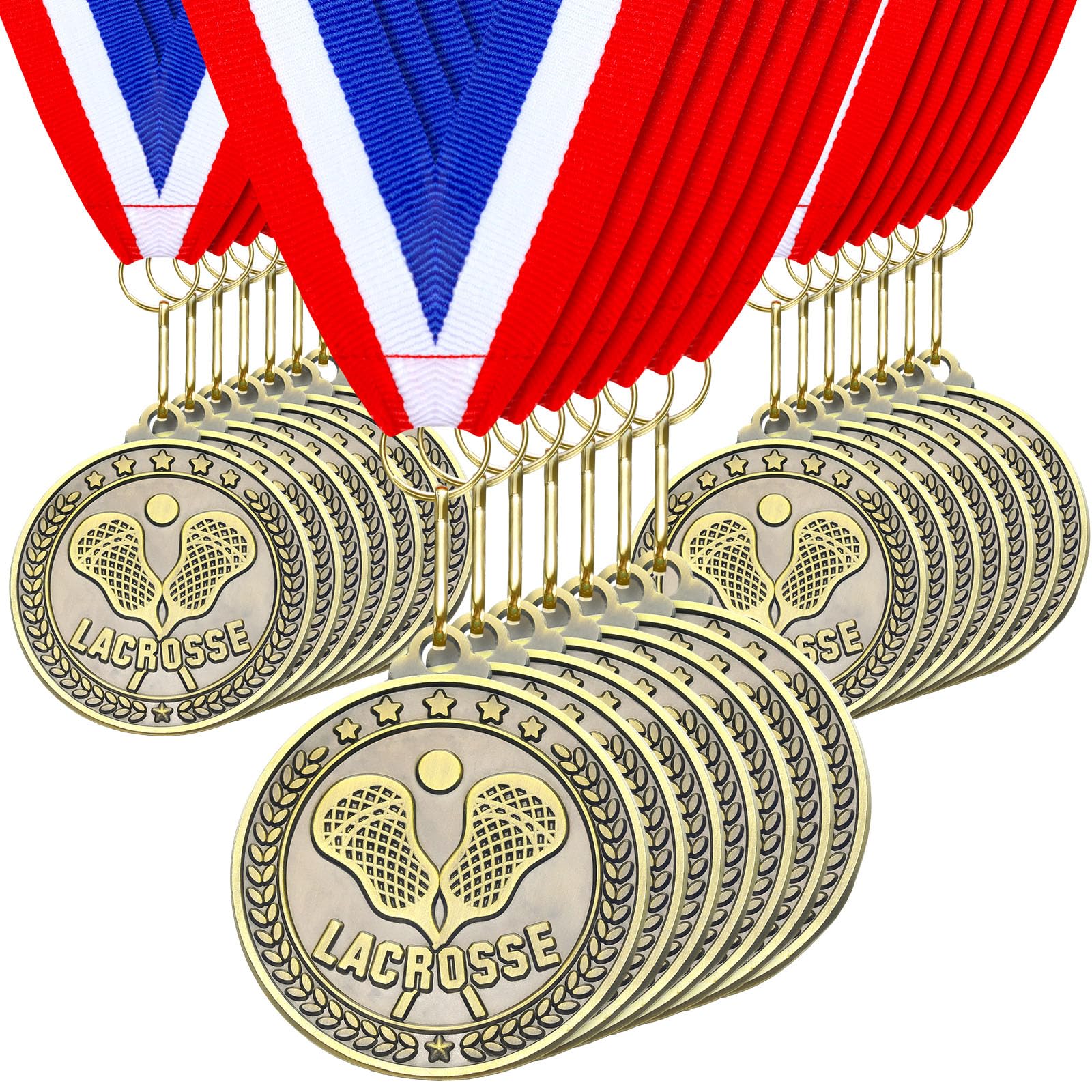 Remuuly 30 Pcs Gold Medals Bulk 2'' Basketball Soccer Baseball Volleyball Football Lacrosse Kickball Cheer Bowling Trophy Medals for Awards for Sports Participation Winner Gift(Gold,Lacrosse)