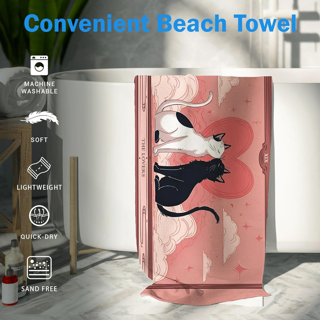 Pink Cat Valentine Beach Towel - Oversized Quick Dry Sand-Free Travel Towel | Perfect Gift for Women & Girls 30x60in