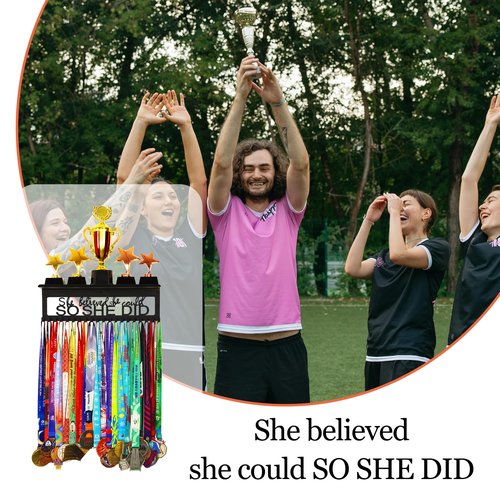 Goutoports Medal Holder Trophy Display Hanger Rack Frame for Sport Race Runner - She Believed She Could - Sturdy Black Steel Metal Over 60 Medals Easy Install - Can Hold Trophies
