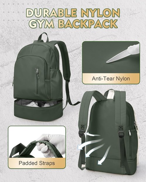 Gym Backpack for Women Men, Lightweight Gym Bag with Shoe Compartment, Waterproof Sports Backpack with Wet Pocket, Green