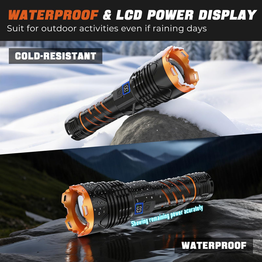 Super Bright Flashlight High Lumens 100000 Rechargeable, Powerful Strong 50W LED, Long Lasting 15 Hours, Quick USB C Charge, Improved Single Click Design 3-Mode, LCD Display & Output, for Hiking Home
