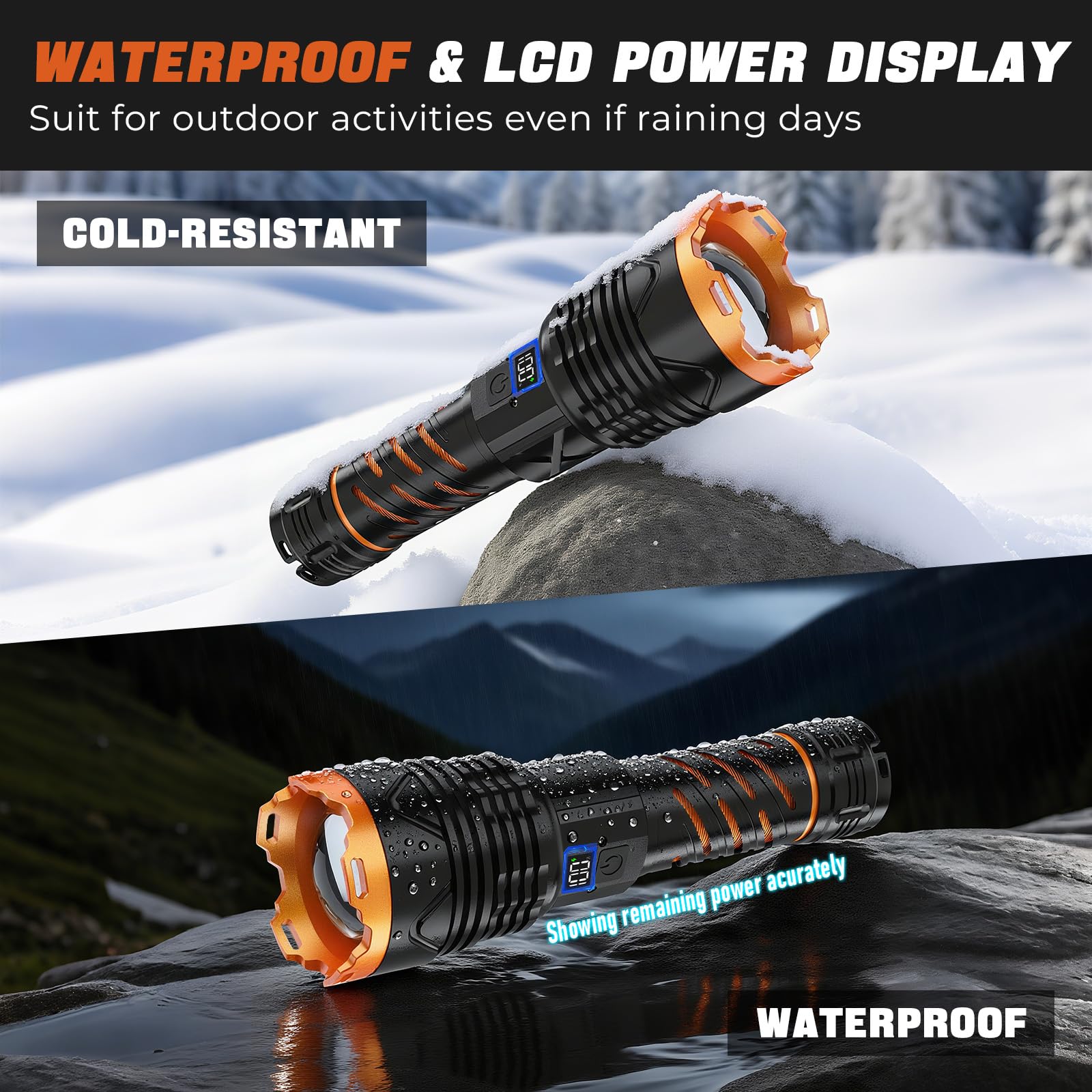 Super Bright Flashlight High Lumens 100000 Rechargeable, Powerful Strong 50W LED, Long Lasting 15 Hours, Quick USB C Charge, Improved Single Click Design 3-Mode, LCD Display & Output, for Hiking Home
