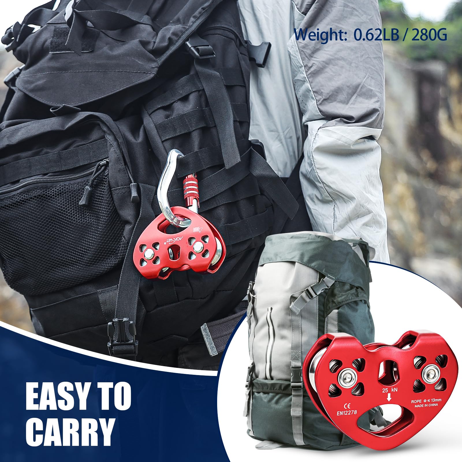 Zipline Pulley 25KN Aluminum Alloy Climbing Zip Line Pulley Stainless Steel Climbling Pulleys for Cable & Rope Rescue Climbing Hauling Backyard Zipline Outdoor Activities