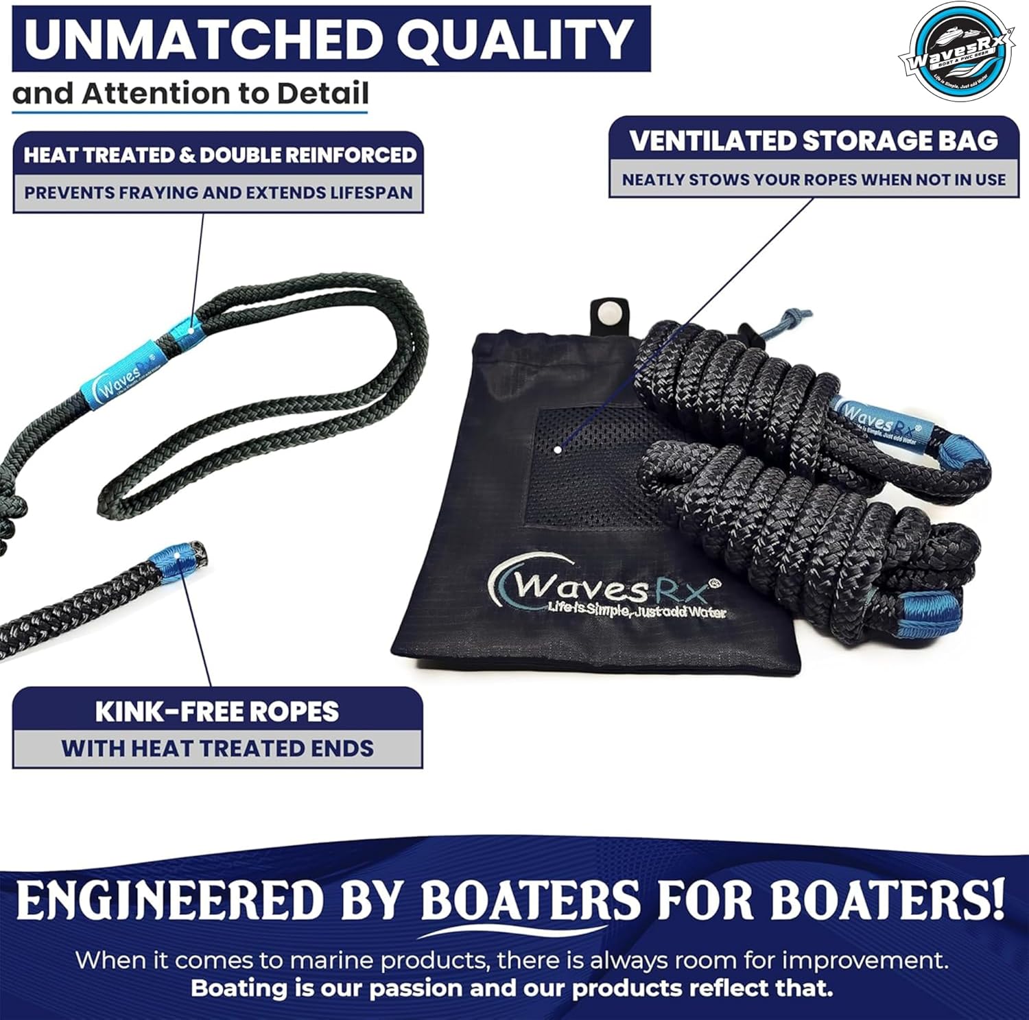 WavesRx Premium Fender Line - Double Braided Nylon Dock Ropes | 3/8'' x 6' (4 Pack) for Boats & Pontoons