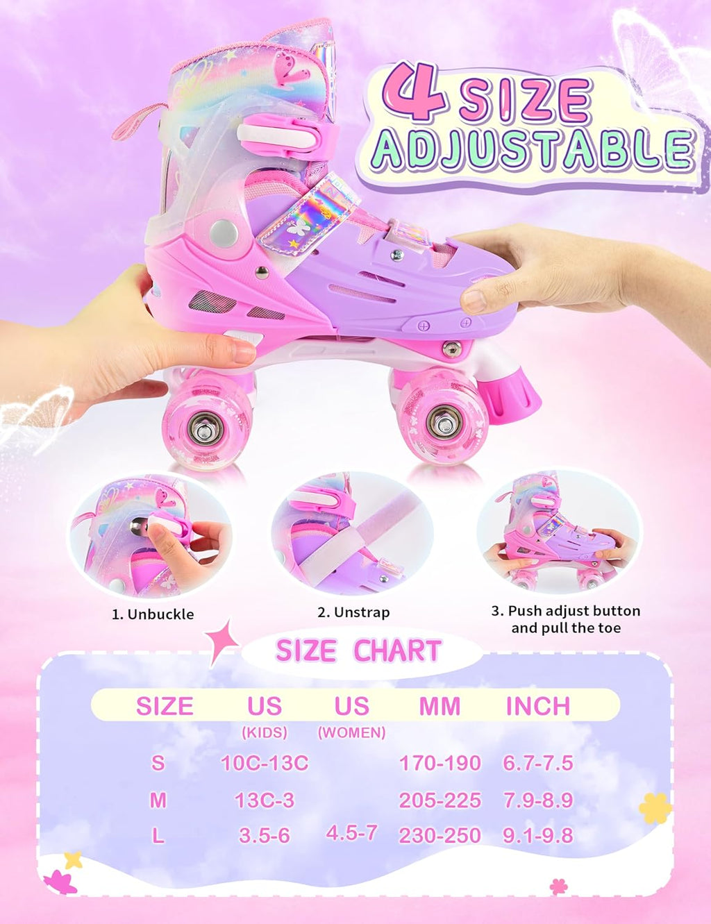 2PM SPORTS Roller Skates - Adjustable Light-Up Wheels for Kids Age 4-12 | Sizes 10C-6