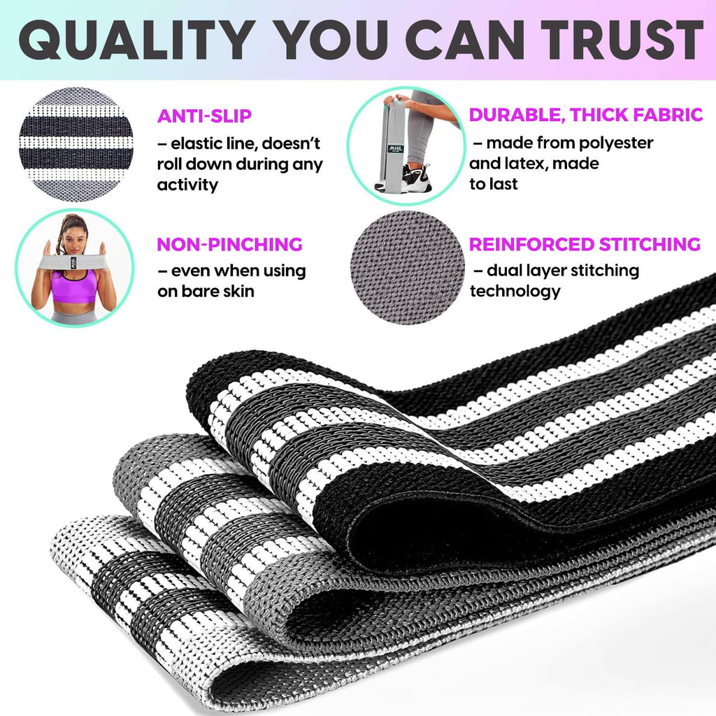 Fabric Resistance Bands for Women & Men – 4 Durable Exercise Bands for Working Out, Non-Slip & Non-Pinching Workout Bands – Multiple Resistance Levels Booty Bands for Legs Butt Glutes Hips Abs & More.