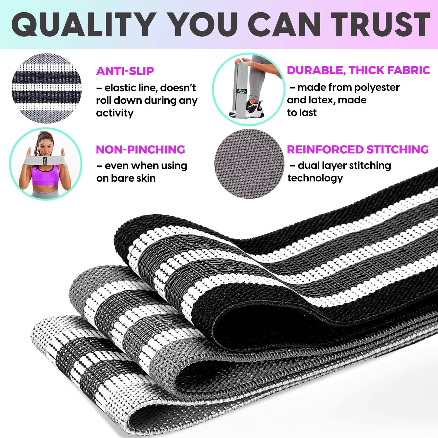 Fabric Resistance Bands for Women & Men – 4 Durable Exercise Bands for Working Out, Non-Slip & Non-Pinching Workout Bands – Multiple Resistance Levels Booty Bands for Legs Butt Glutes Hips Abs & More.