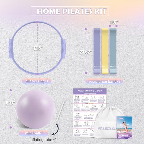 Paleclouds Pilates Essentials Kit for Women, 13.5" Pilates Ring and Ball Set with Resistance Bands for Home Workouts, Portable Pilates Kit with Bag & Training Poster for Full Body Exercise (Purple)