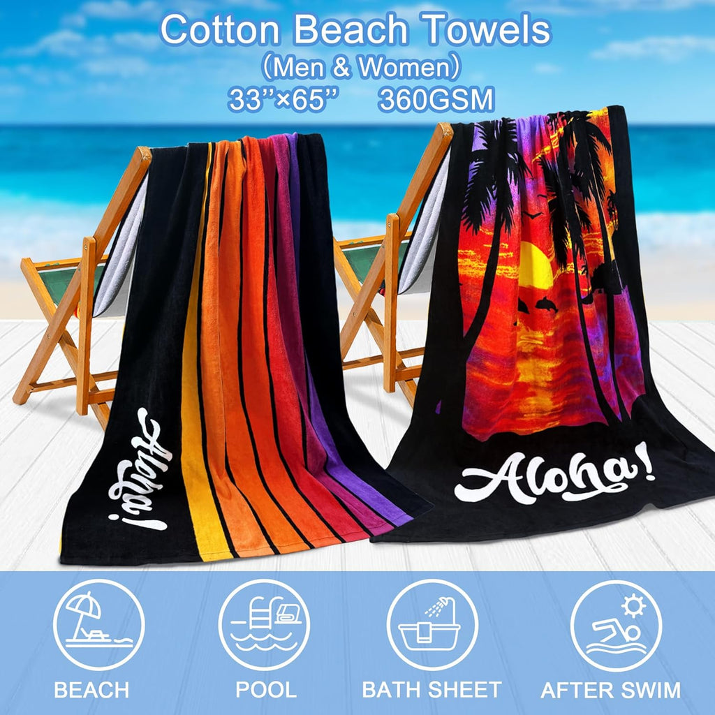 VOOVA 2PC Beach Towels - Soft & Absorbent 100% Cotton, Lightweight Pool Towels | 33" X 65", Palm Sunset & Stripe Set