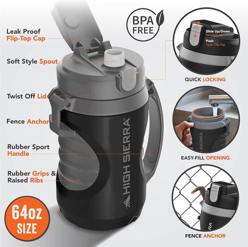 High Sierra 64 oz Insulated Water Bottle - Double Wall, Leakproof Flip-Top Lid, BPA-Free for Gym & Outdoors