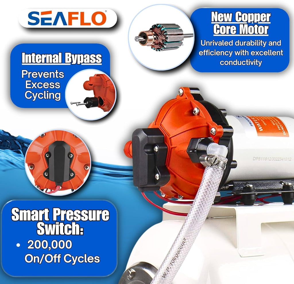 SEAFLO Marine Water Pump - 12V DC 60 PSI 5.5 GPM with 2 Gallon Accumulator Tank | Quiet Operation & 4-Year Warranty